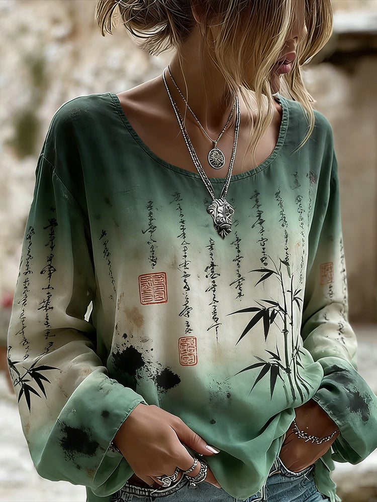 Cardydony Japanese Art Bamboo Printing Tie-dye Art Long Sleeves