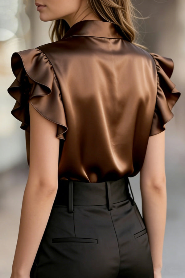 Cardydony Women's Solid Color Satin Collar Ruffle Short-sleeved Casual Shirt