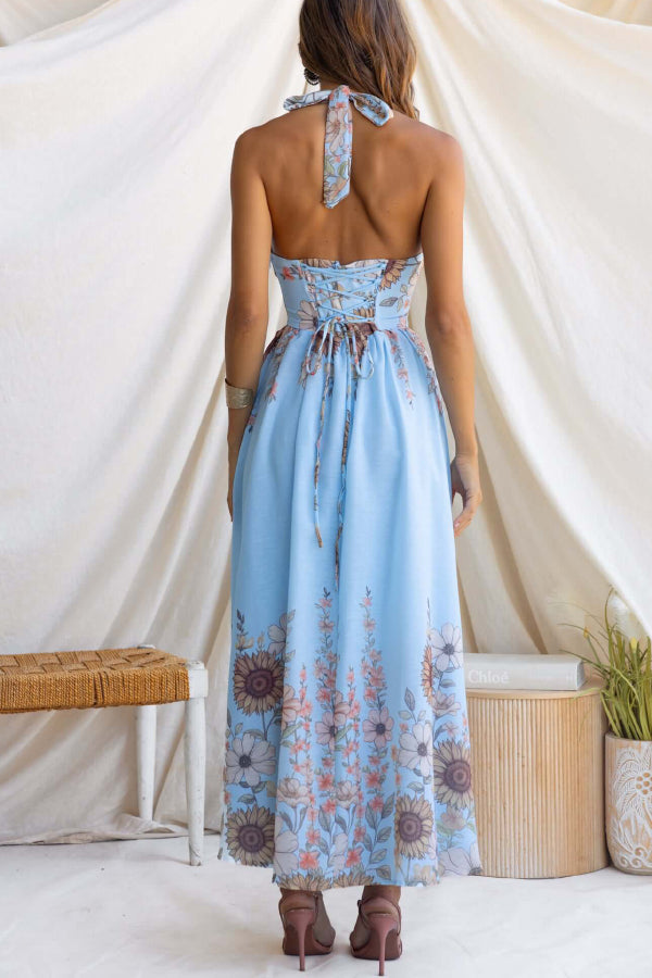 Cardydony Women's Sunflower Print V-neck Fitted Waist Elegant Maxi Dress