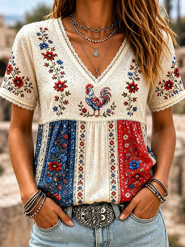 Cardydony Women's Retro Floral With Cock Embroidered Patchwork Art V Neck Linen Blend T-shirt