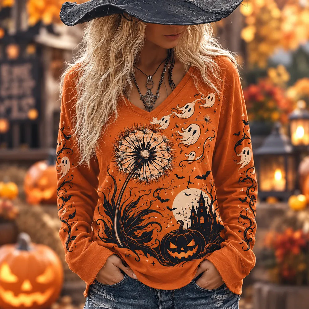 Cardydony Omen's Halloween Orange Ghost And Dandelion Print V-neck Long Sleeve Top