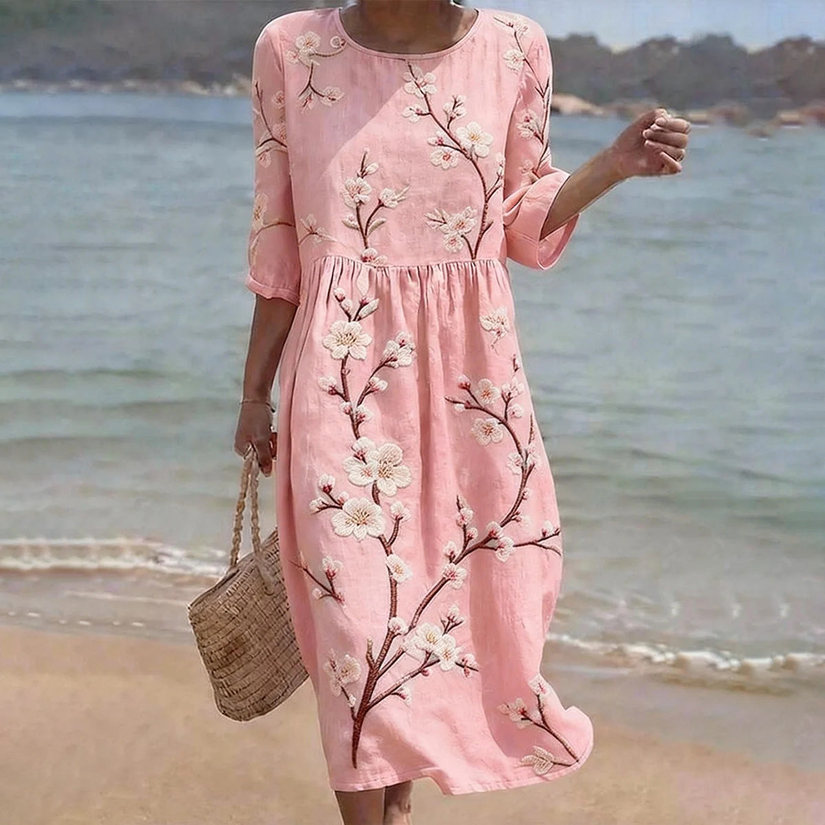 Cardydony Vintage Floral Cherry Blossoms Art Pattern Linen Blend Loose Three-quarter Sleeve Dress
