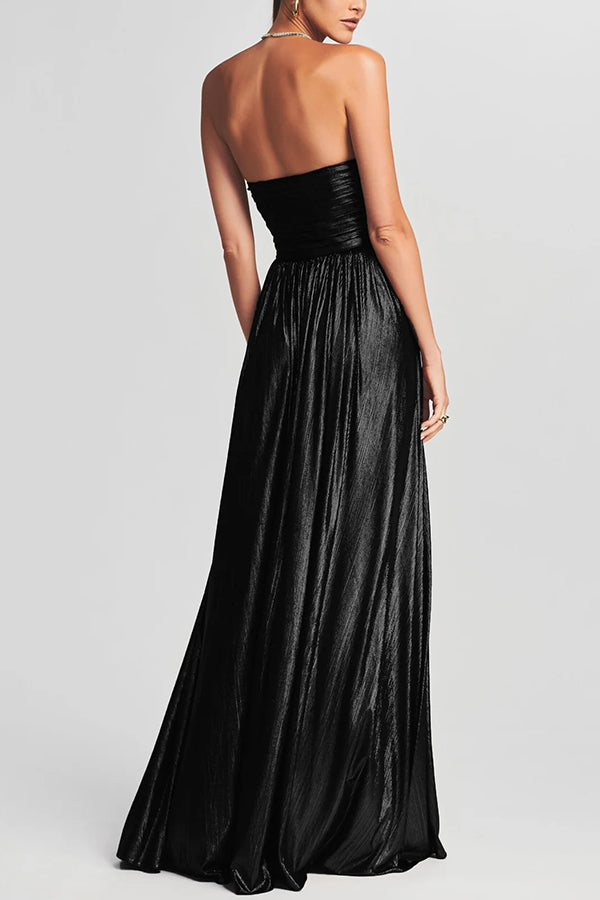 Cardydony Women's Goddess Temperament Metallic Pleated Fabric Off Shoulder Slit Maxi Dress