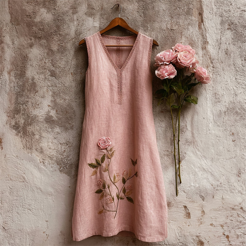Cardydony Vintage Classy Pink Rose Linen Tank Dress