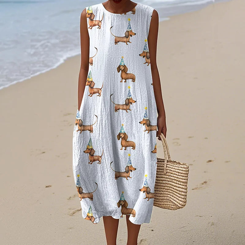 Cardydony Women's Retro Cute Dachshund Dog Art Linen Tank Midi Dress