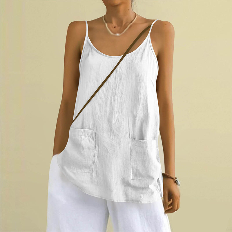 Cardydony Women's Solid Color Sleeveless Linen Blend Pocket Camisole