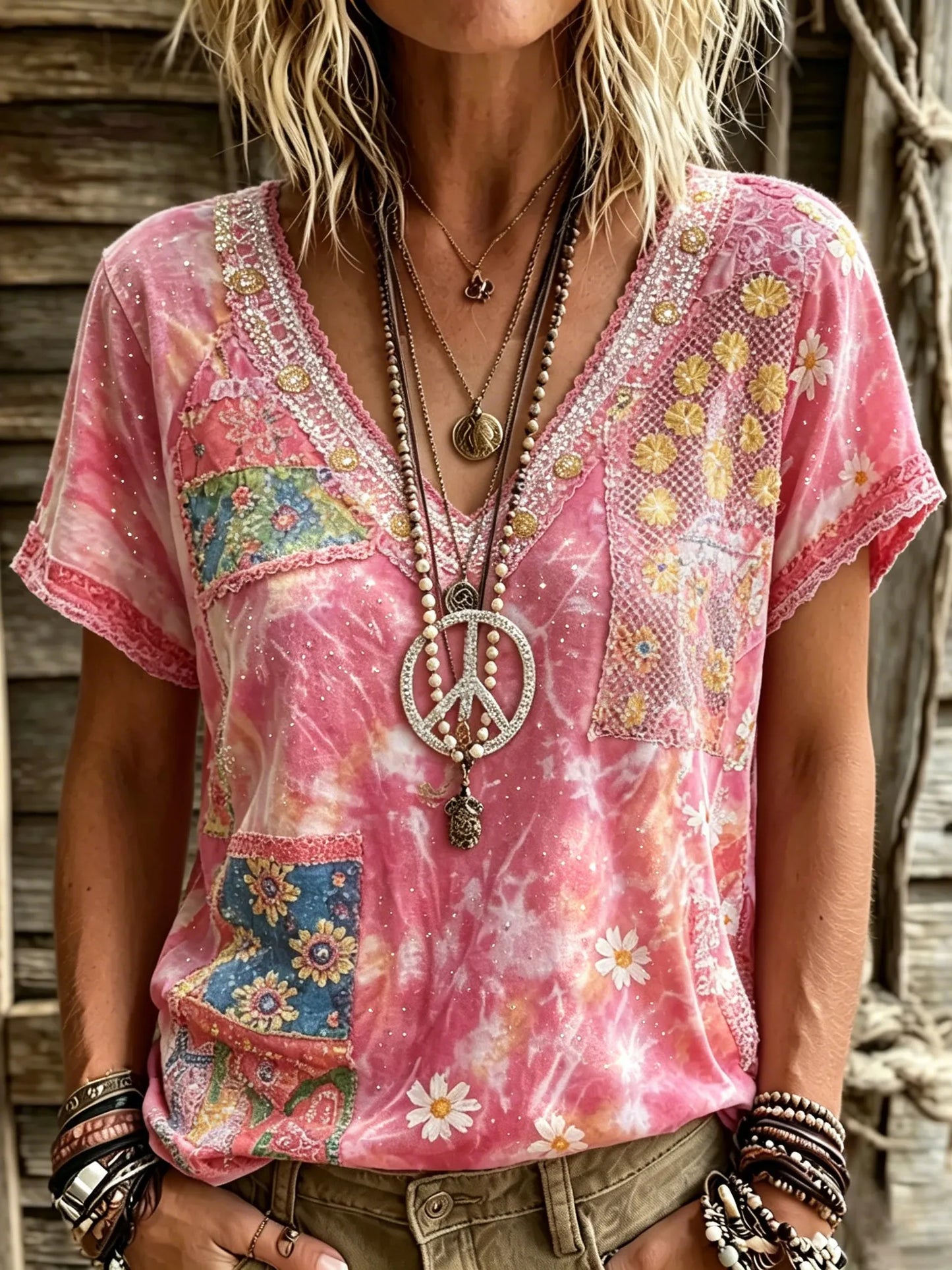 Cardydony Women's Retro Floral Art Peace Symbol Embroidery Cotton Linen V-neck T-shirt