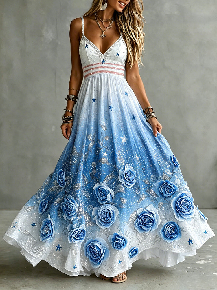 Cardydony Women's Independence Day Stars With Floral Gradient Art V-neck Suspender Maxi Dress