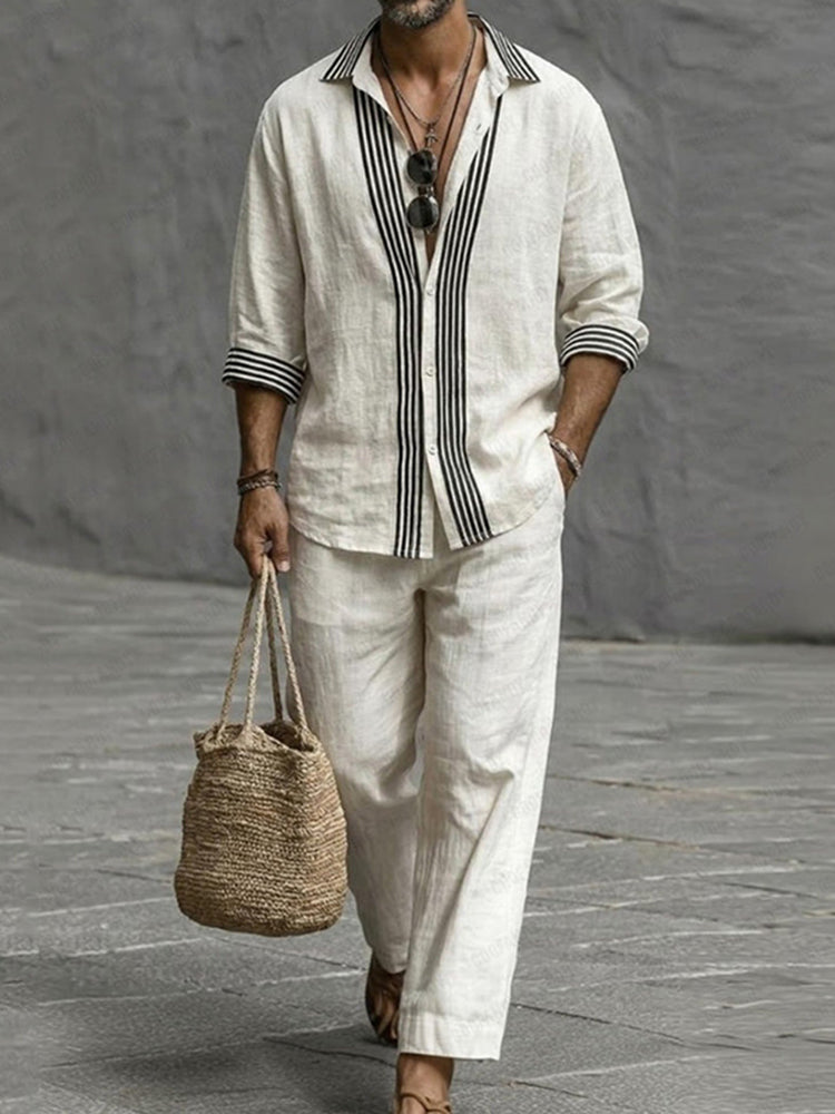 Cardydony Men's Nature Style Stripe Cotton Shirt And Pants Set