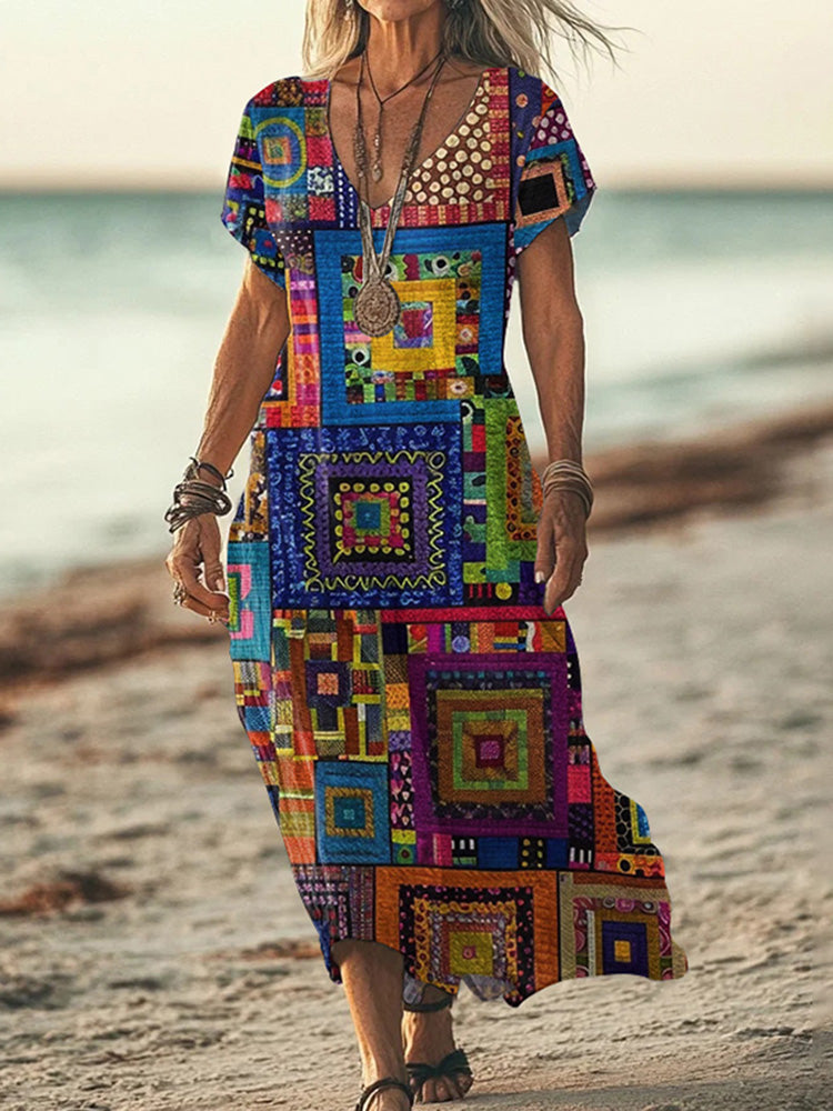 Cardydony Women's Retro Hippie Geometric Art Pattern Linen Blend V-neck Loose Midi Dress