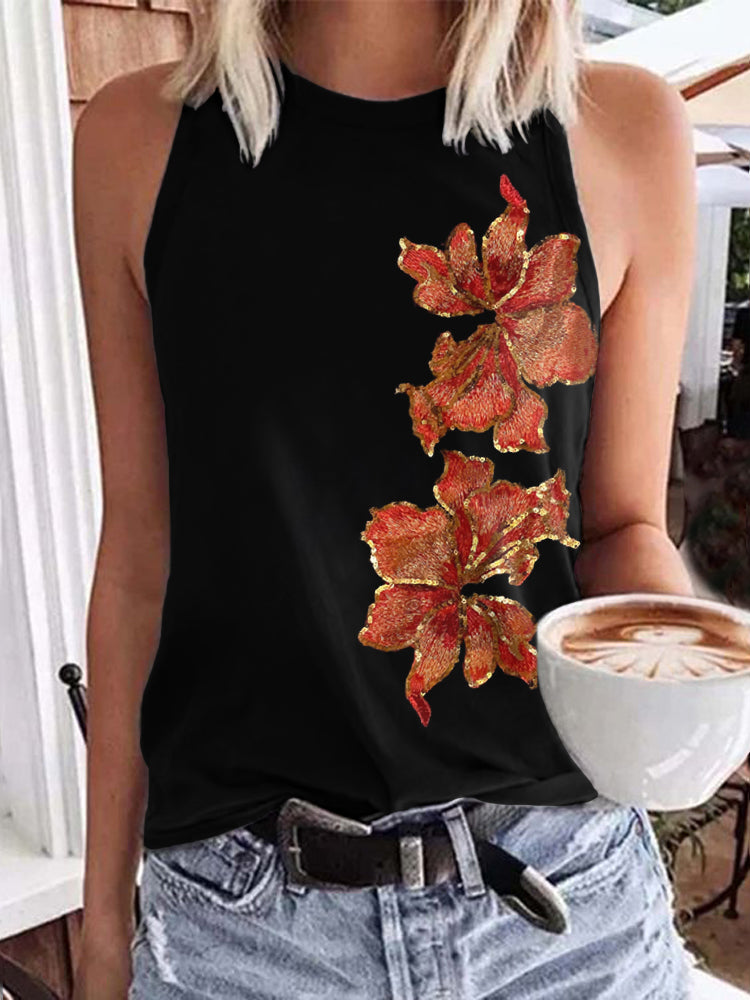 Cardydony Vintage Embroidered Sequin Maple Leaf Pattern Print Art Tank Tops