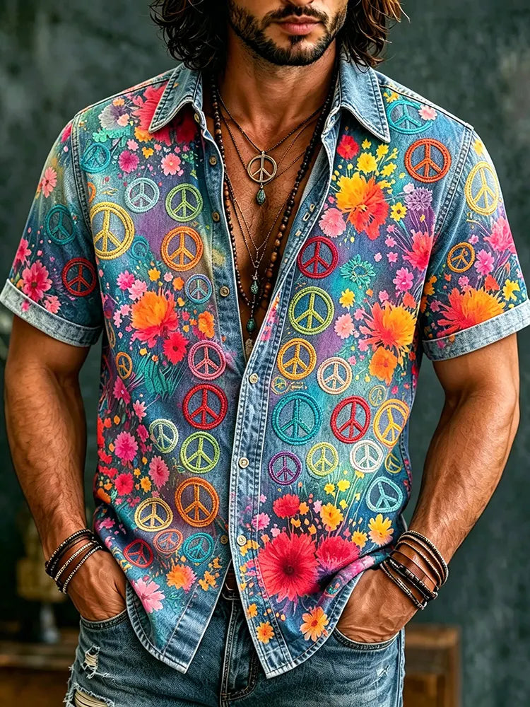 Cardydony Men's Retro Hippie Peace With Floral Graffiti Art Pattern Casual Washed Shirt