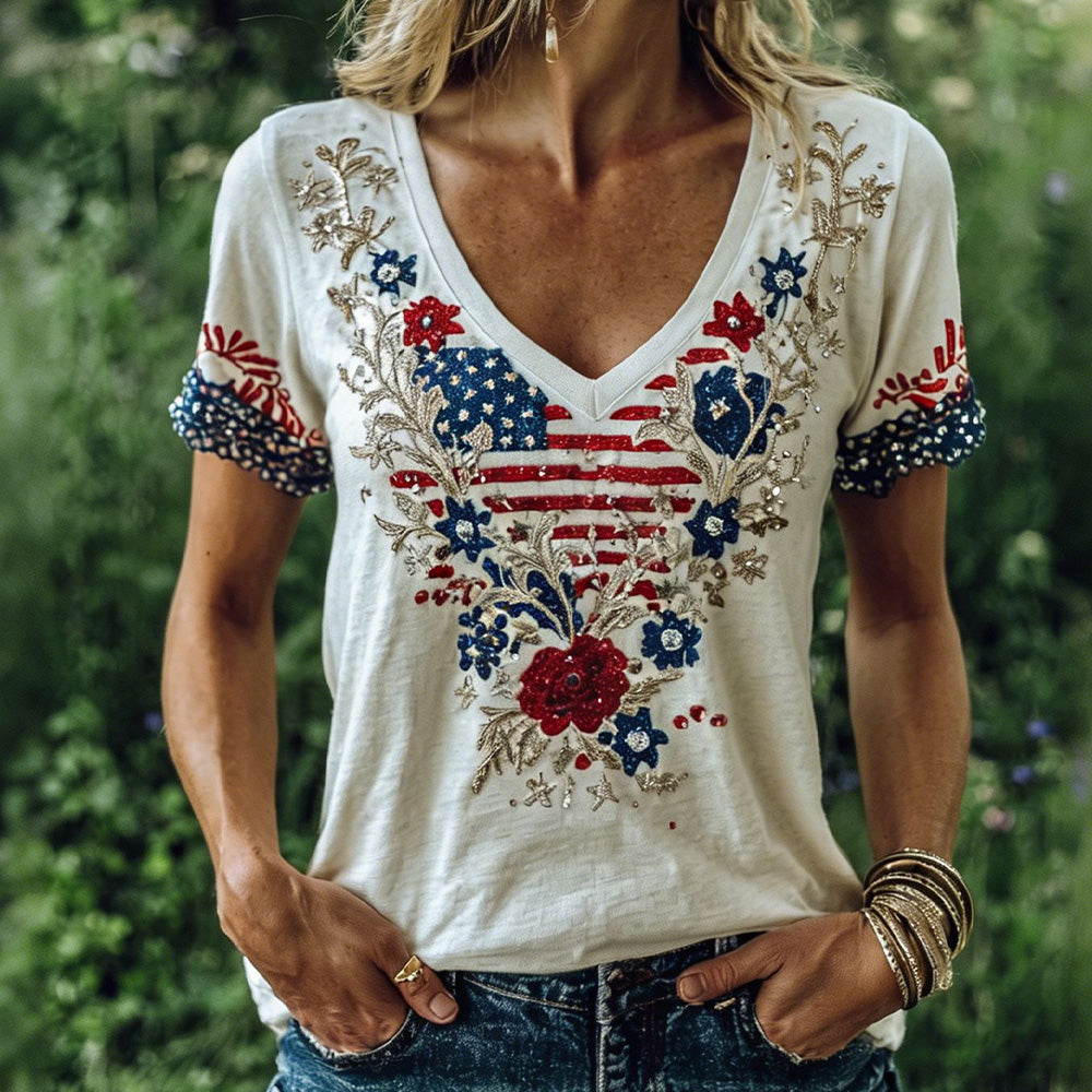Cardydony "boho Floral American Flag Rhinestone & Embroidery T-shirt "