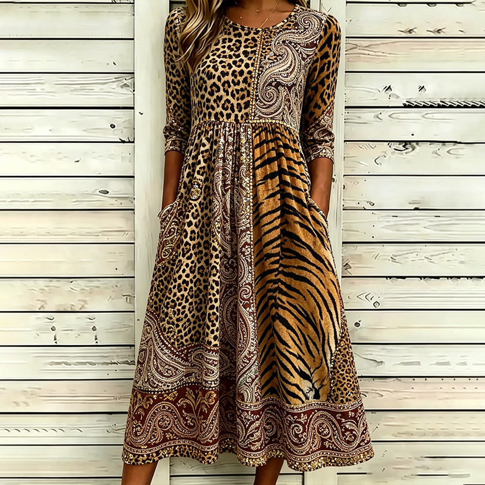 Cardydony Women's Leopard And Animal Print Paisley Pattern Splicing Linen Blend Casual Mid-sleeve Dress