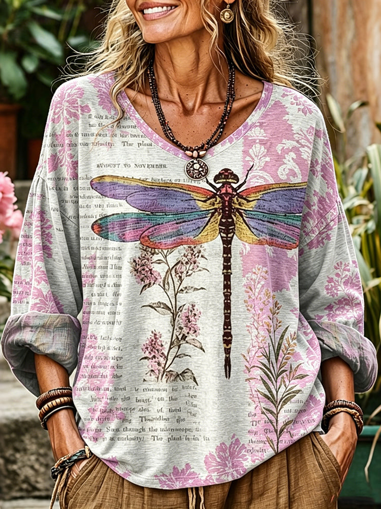 Cardydony Women's Tie-dye Dragonfly And Floral Retro Print Cotton Linen Top