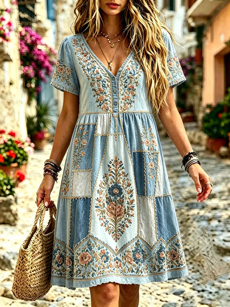 Cardydony Women's Retro Floral Patchwork Cotton Linen Dress