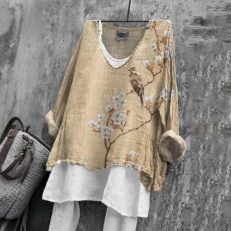 Cardydony Women's Japanese Floral & Birds Art V-neck Linen Blend T-shirt