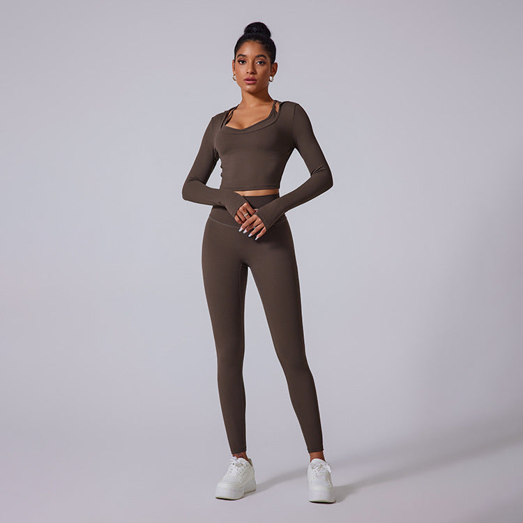 Cardydony Women's Two-Piece Seamless Activewear Set with Long Sleeve Crop Top and High-Waisted Leggings