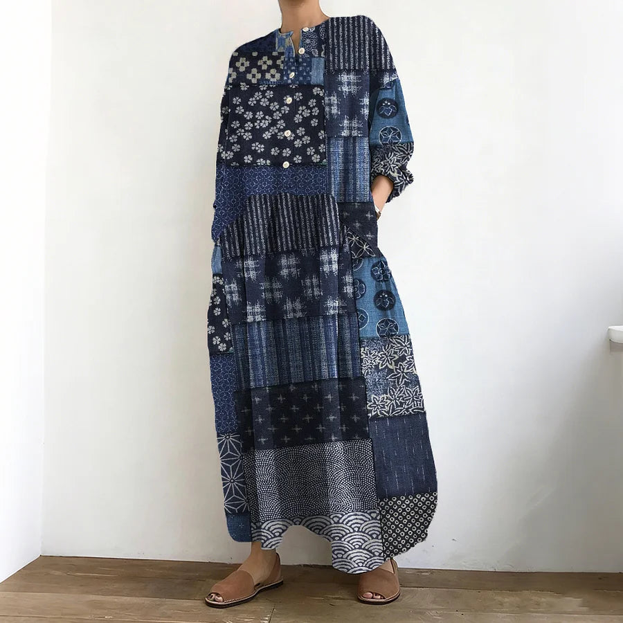 Cardydony Vintage Japanese Traditional Patchwork Art Linen Maxi Dress