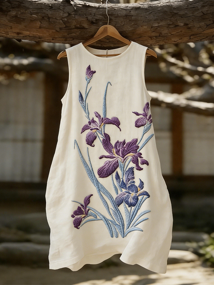 Cardydony Floral Pattern Embroidery Design Linen Women's Sleeveless Dress