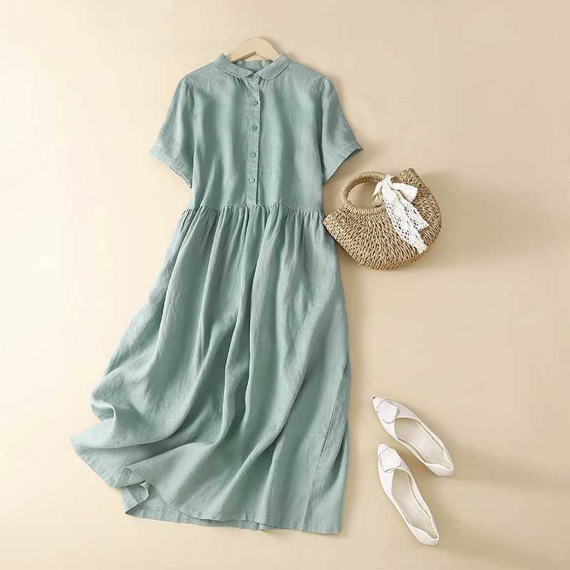 Cardydony Women's Solid Color Linen Blend Lapel Dress