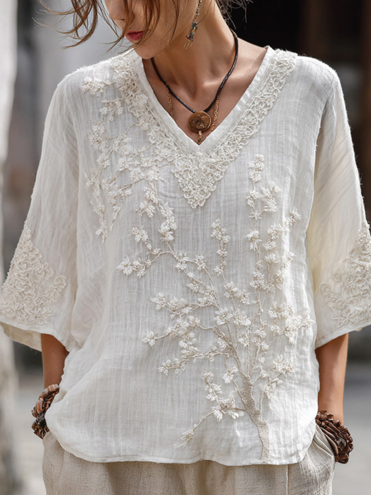 Cardydony Women's White Small Floral And Lace Art V-neck Top