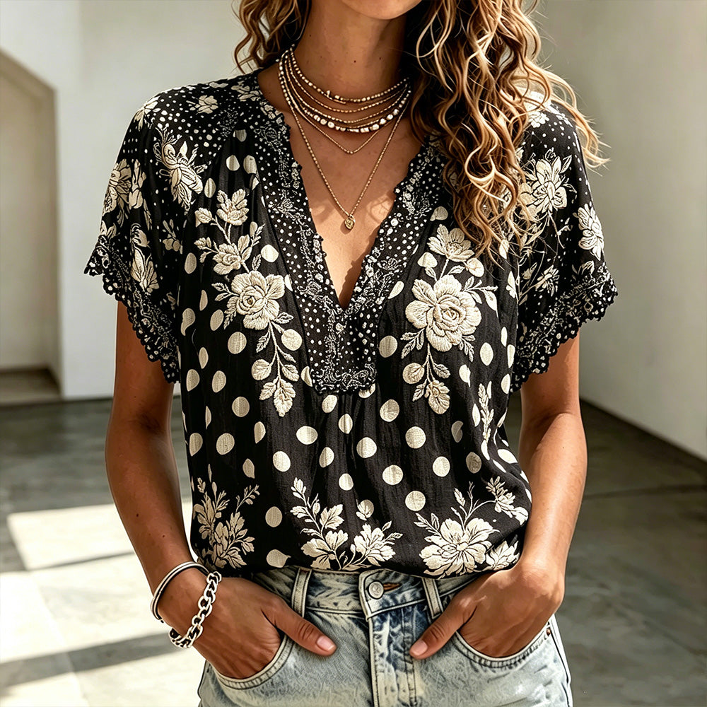 Cardydony Black White Floral Polka Dot Lace Blouse, Boho V Neck Short Sleeve Casual Top