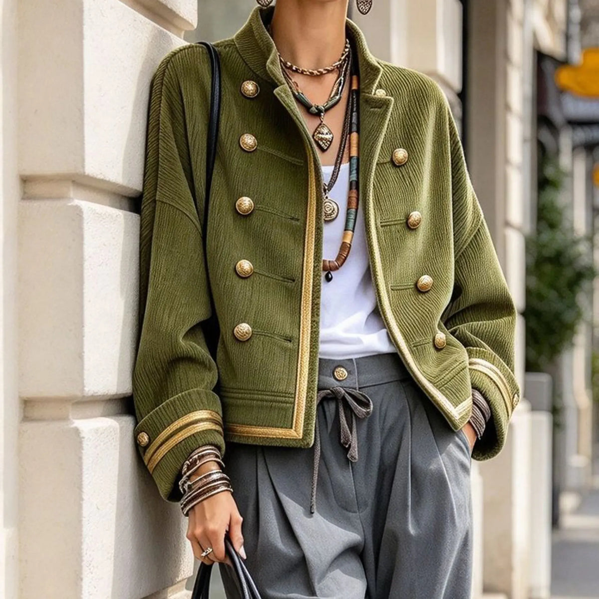 Cardydony Women's Fall Winter Cozy Napoleonic Stand-up Collar Gold Trim Double-breasted Button Corduroy Jacket