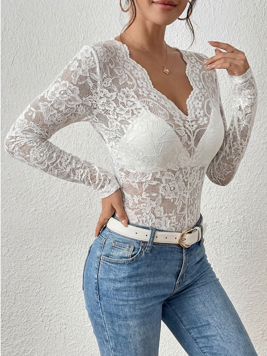 Cardydony Women's Floral Lace Long Sleeve Top – V Neck Slim Fit Blouse
