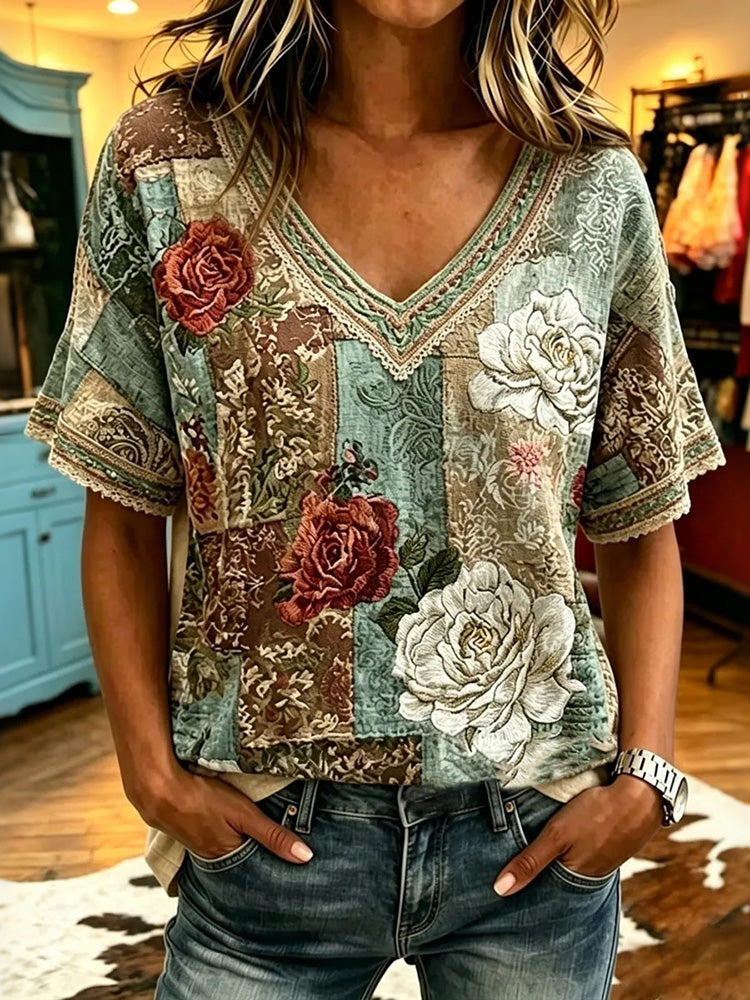 Cardydony Women's Vintage Floral Patchwork Art Flowy Casual Linen Blend T-shirt