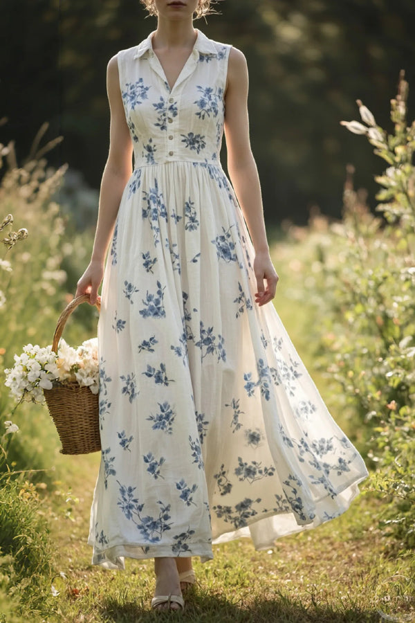 Cardydony Women's Floral Print Collared Sleeveless High-waisted Maxi Vacation Dress