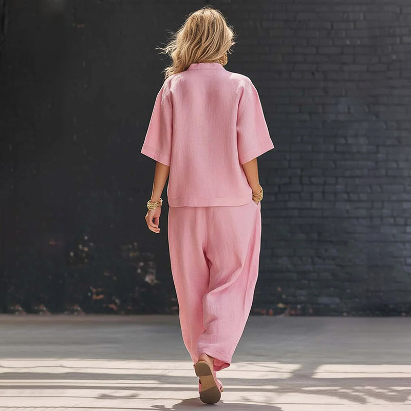 Cardydony Casual Solid Color V-neck Loose Short-sleeved Top And Trousers Two-piece Set
