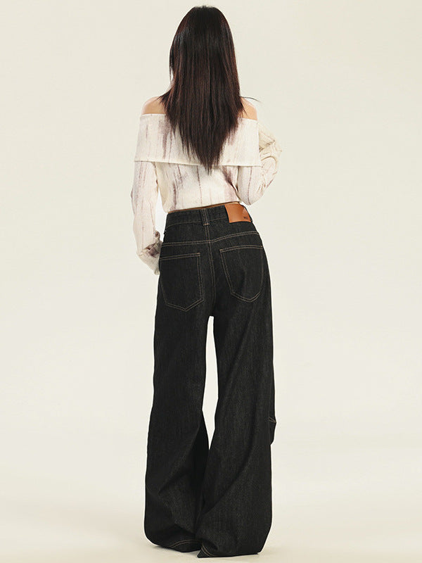Cardydony Women's Timeless High-Waisted Black Wide-Leg Jeans with Unique Stitching