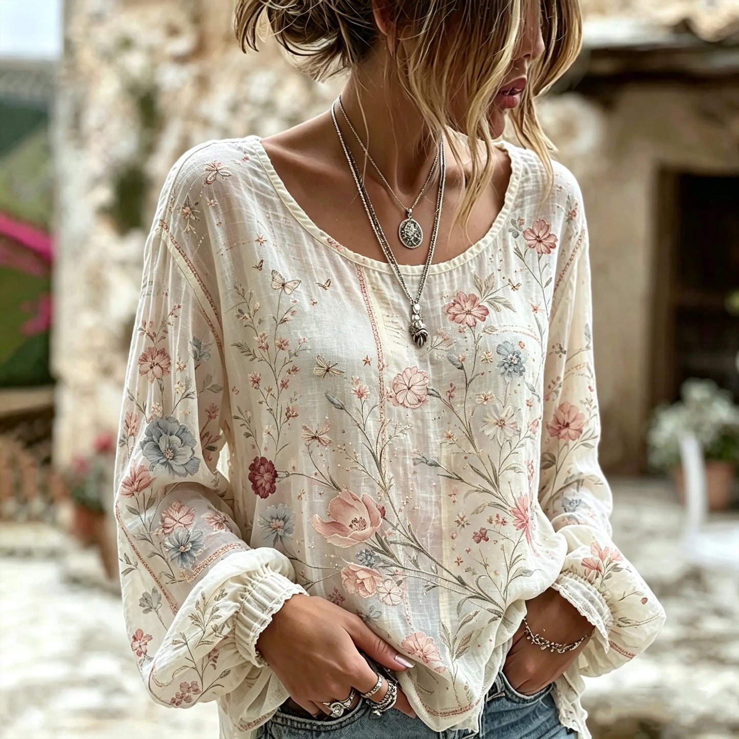 Cardydony Retro Bohemian Style Gray-pink Floral And Butterfly Print Linen Long-sleeved Top