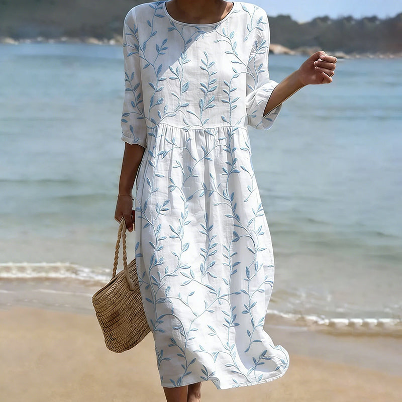 Cardydony Vintage Floral Art Pattern Linen Blend Loose Three-quarter Sleeve Dress
