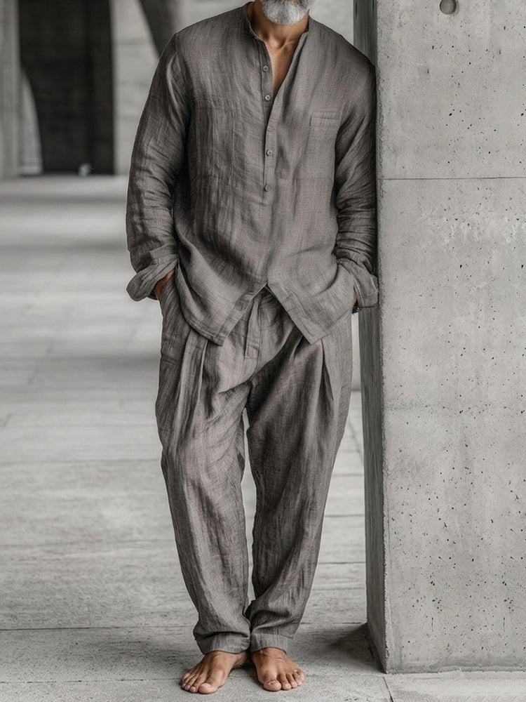 Cardydony Men's Linen Natural Style Simple Shirt And Pants Set