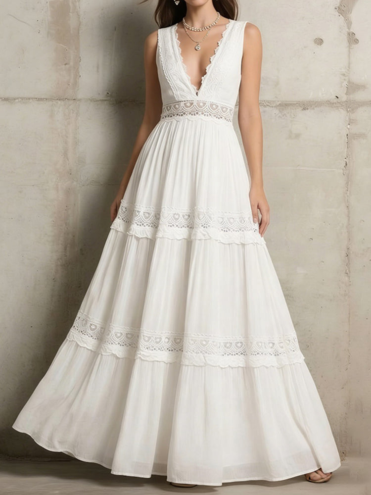Cardydony Women's Delicate Lace Hook And Lace Up Sides Maxi Dress