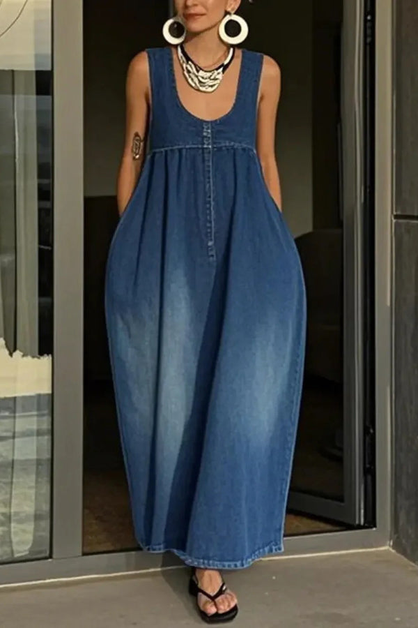 Cardydony Women's Stylish Sleeveless Loose-fitting Pocket Casual Denim Maxi Dress