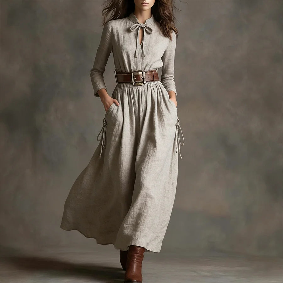 Cardydony Vintage Drawstring Tie Cotton Linen Long Sleeve Maxi Dress