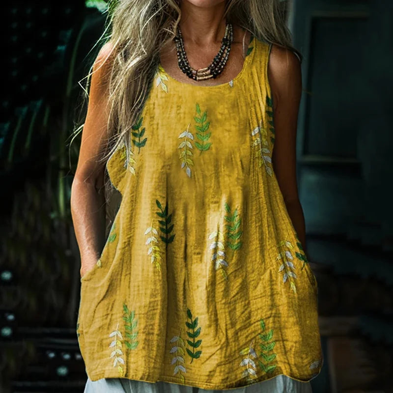 Cardydony Women's Retro Loose Bohemia Vintage Leaf Art Style Linen Suspender Sleeveless Top