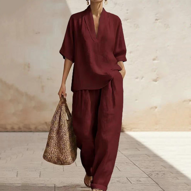 Cardydony Women's Casual Cozy Minimalist Linen Two-piece Set
