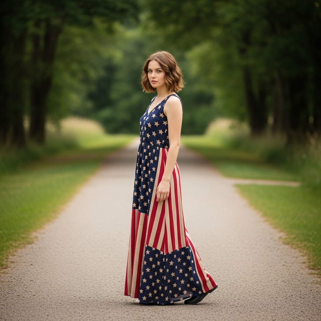 Women's Retro Independence Day Floral Patchwork Art Casual Linen Short Sleeve Maxi Dress