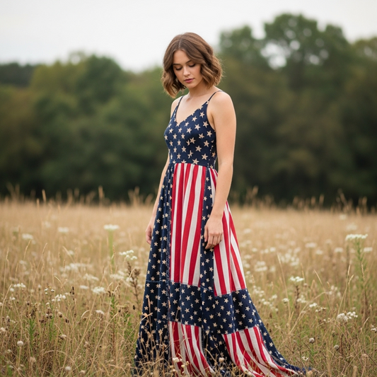 Women's Retro Independence Day Floral Patchwork Art Casual Linen Short Sleeve Maxi Dress