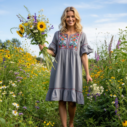 Spring Girl Green Pastoral Style Retro Floral Art Linen V Neck Dress