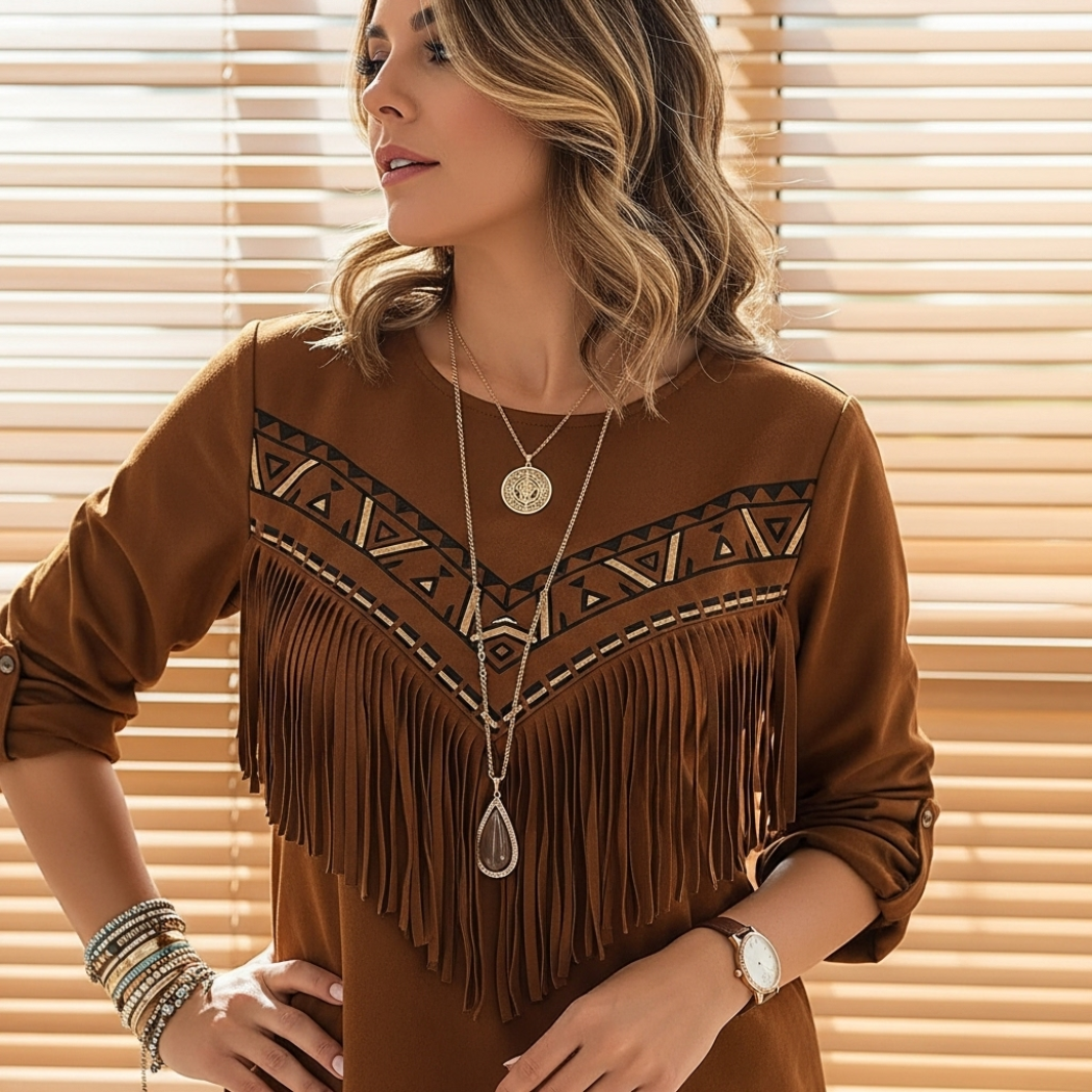 Vintage Western Tassels Print Loose Casual Cotton Linen Shirt