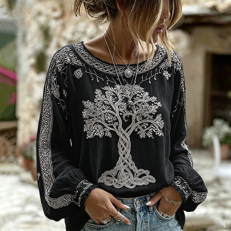 Cardydony Women's Retro Viking Tree Of Life Pattern Casual Linen Blend T-shirt