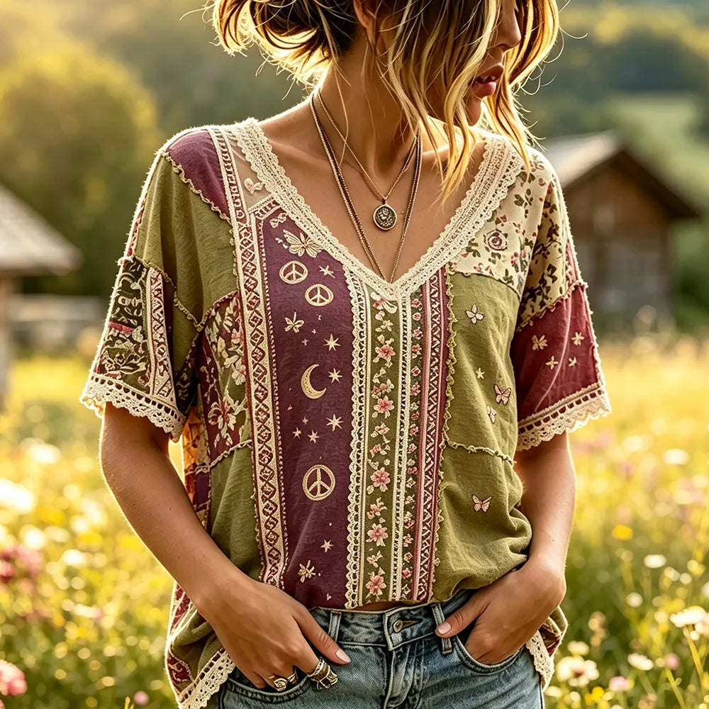 Cardydony Women's Boho Patchwork V-neck Short Sleeve T-shirt With Peace Signs, Crescent Moon, And Stars