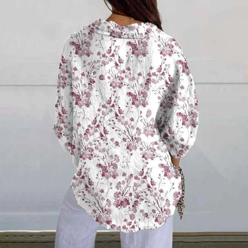 Cardydony Women's Watercolor Small Floral Print Casual Linen Shirt