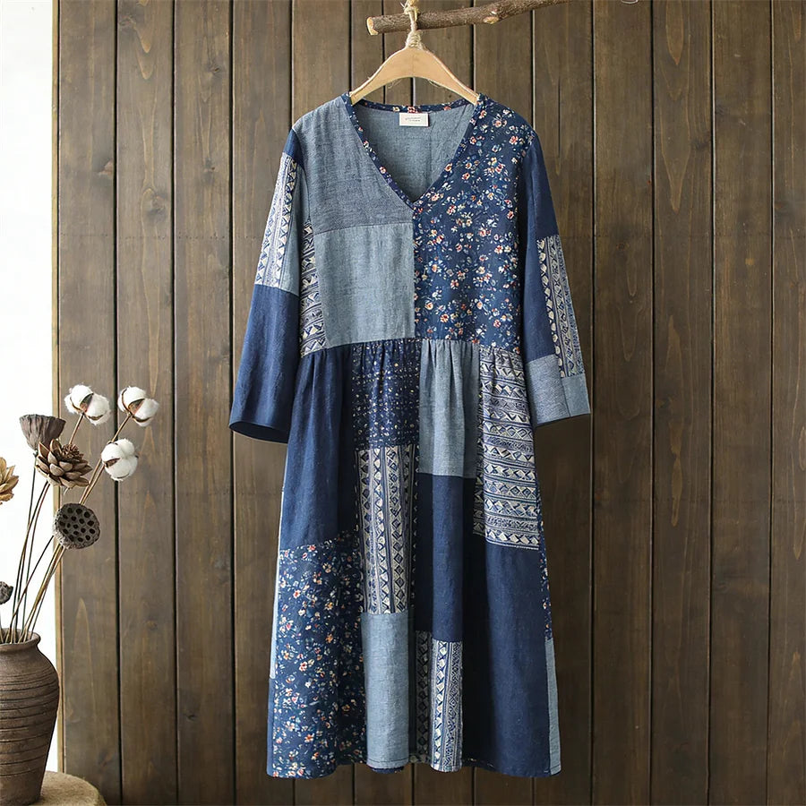 Cardydony Japanese Vintage Geometric Floral Patchwork Women's Linen Maxi Dress