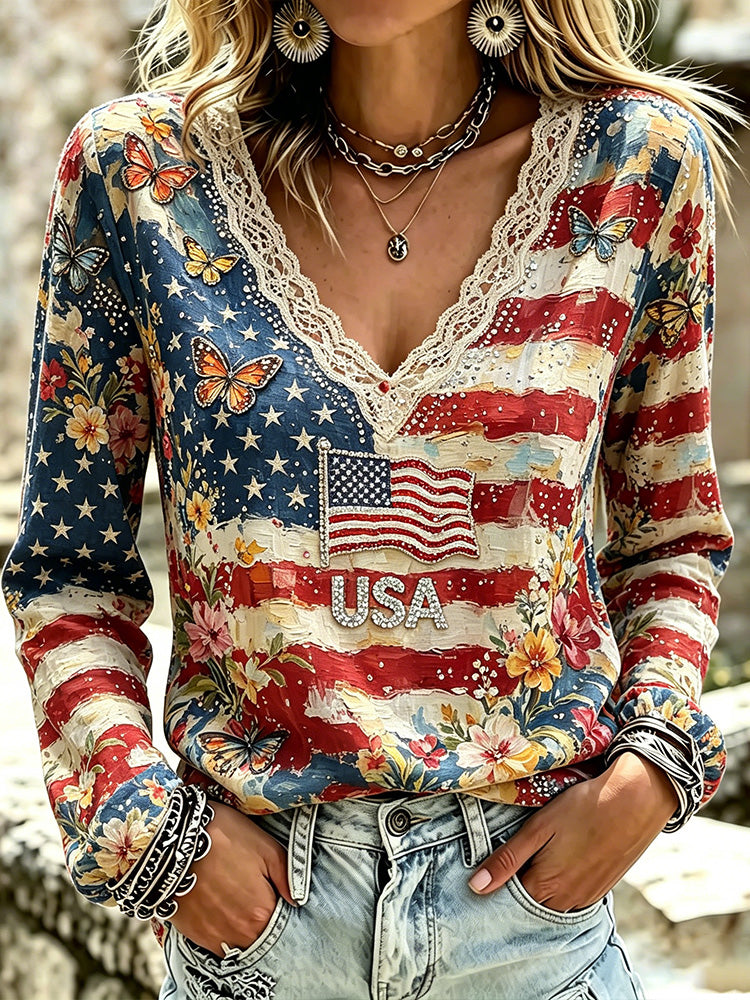 Cardydony Women's Usa Anniversary Floral And Butterfly Art Casual V-neck Top